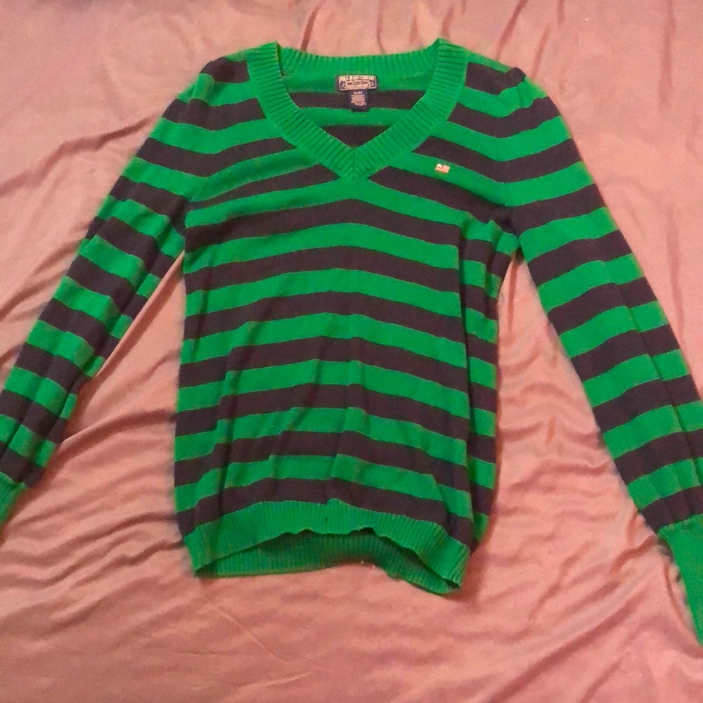 dark green and navy blue striped v-neck sweater // POLO JEANS COMPANY // vintage